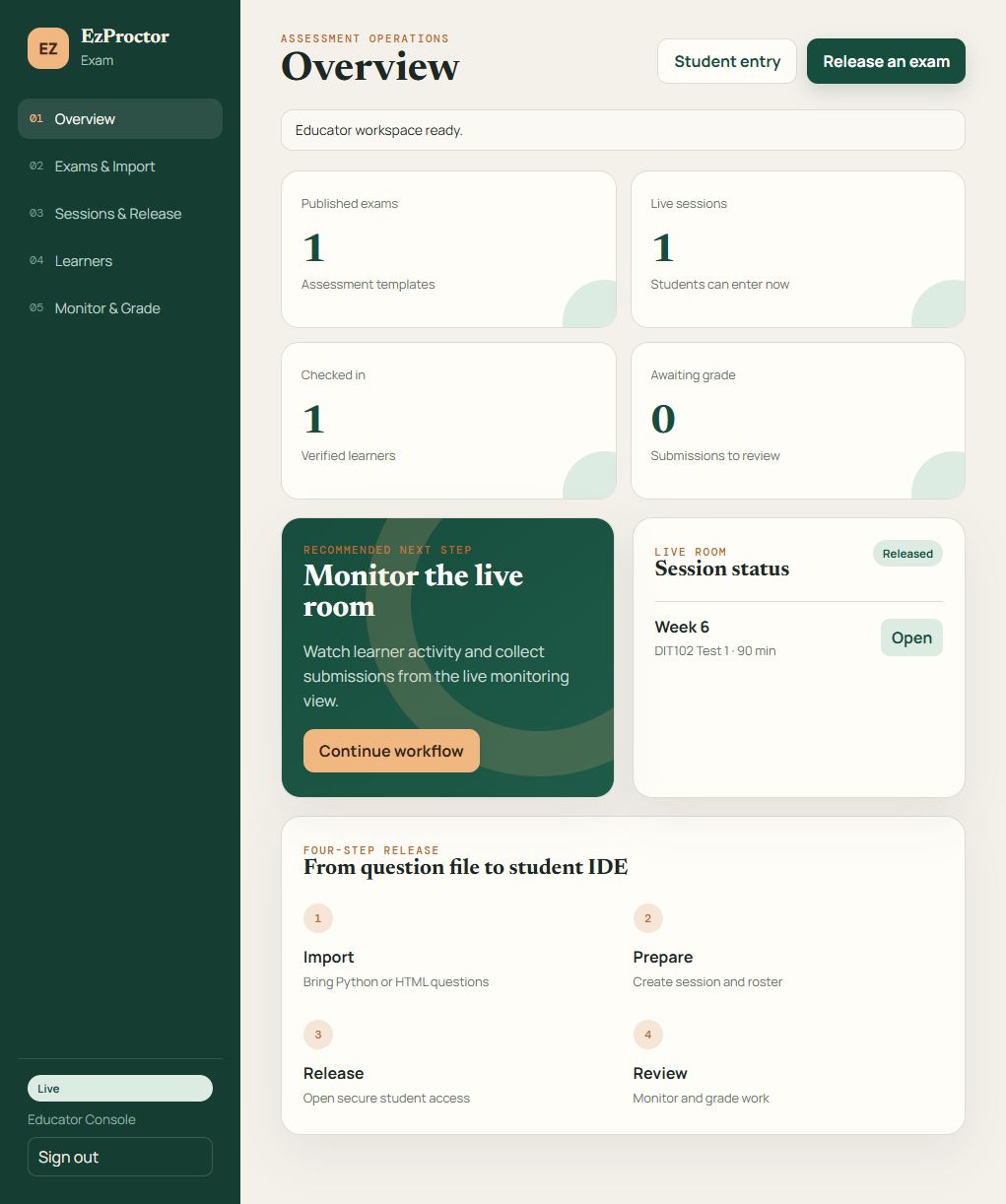 EzProctor educator dashboard showing exam and session status